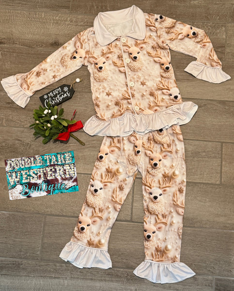 Girls Winter Reindeer Christmas Ruffle Christmas Pajama Set