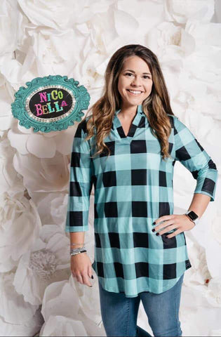 Turquoise Buffalo Plaid 3/4 Sleeve Top - Nico Bella Boutique 