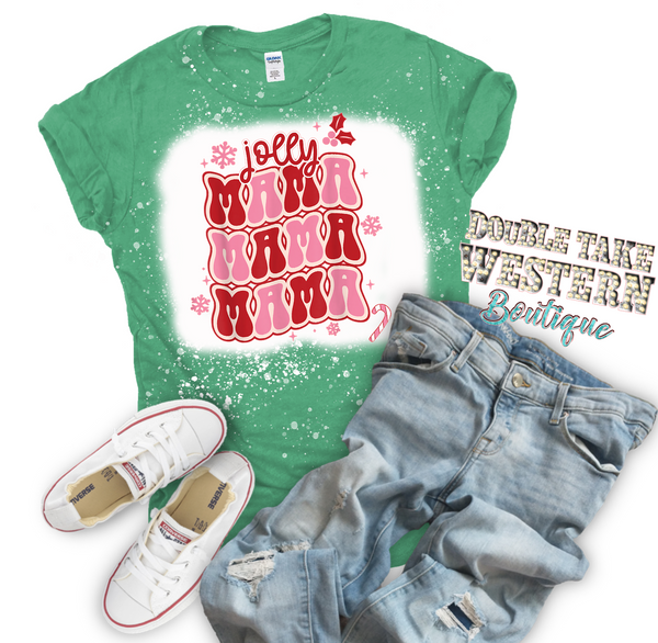 Jolly Mama Mama Mama Christmas Bleached Graphic T-Shirt