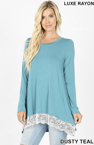 Dusty Teal Lace Trim Hi-Lo Top - Nico Bella Boutique 