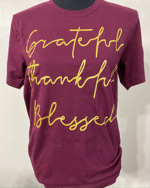 Grateful Thankful Blessed Maroon Graphic Tee - Nico Bella Boutique 